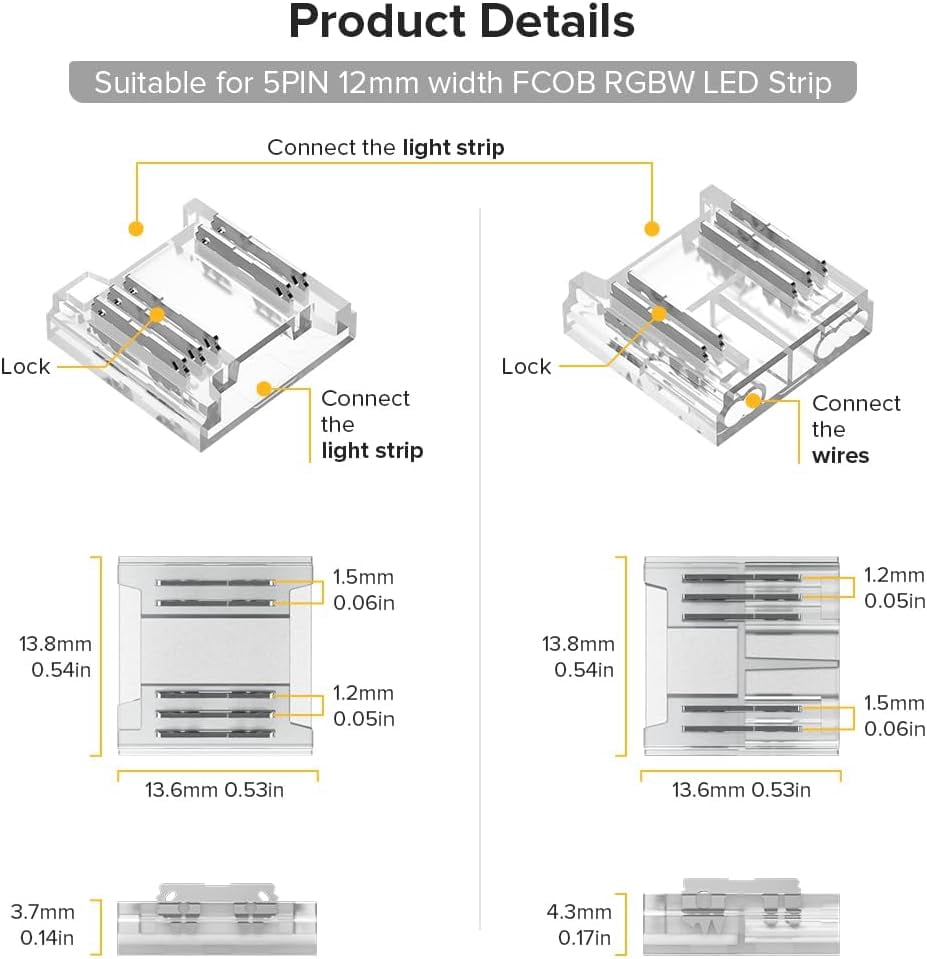 FCOB 5Pin 12mm 0.47in Transparent Connector Kit 30pcs Strip to Wire 30pcs Gapless Solderless Connectors 10pcs 5.9in Long 24AWG Extension Wire Support FCOB RGBW (+ R G B W) LED Strip