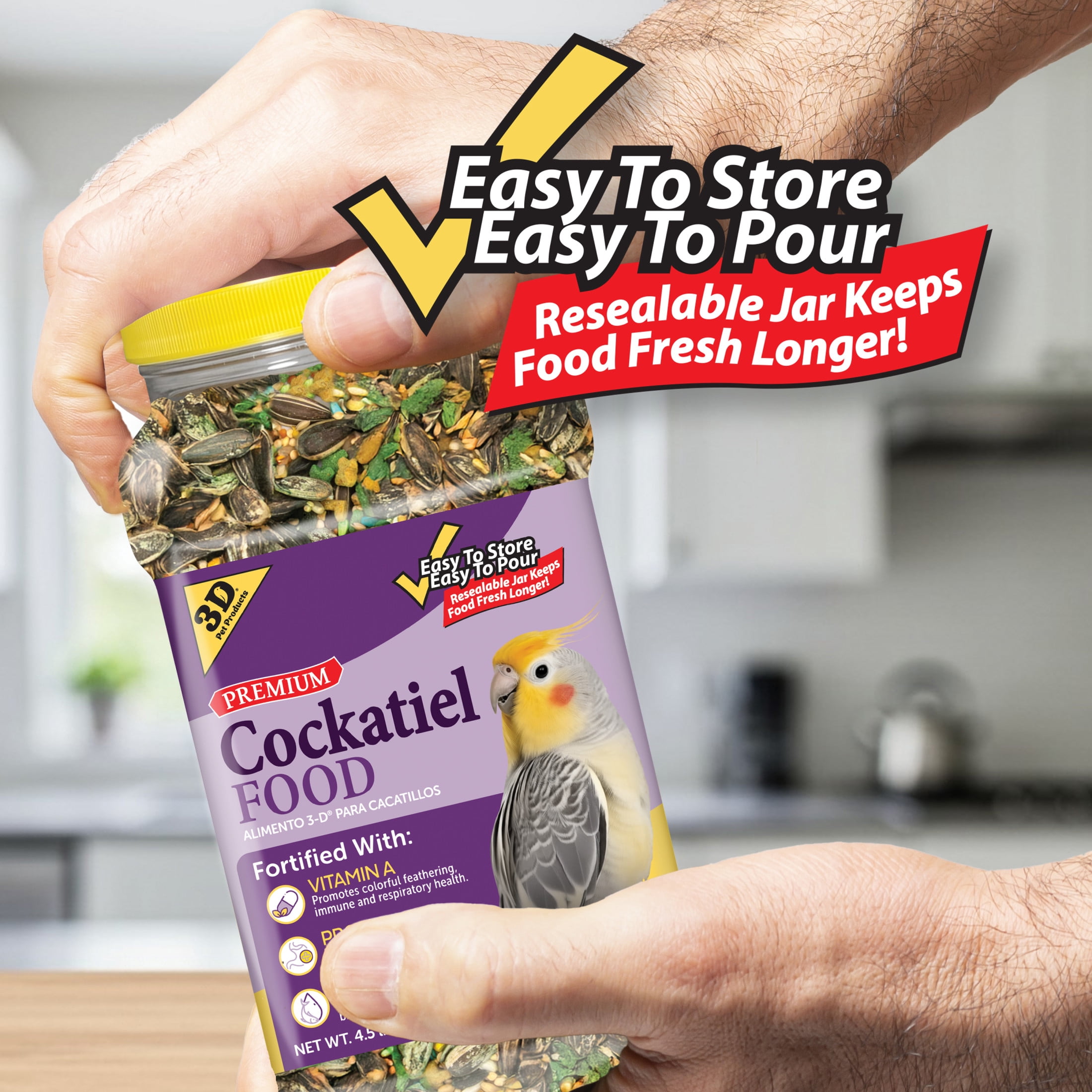 (3 pack) 3-D Pet Products Premium Cockatiel Bird Food Seeds, with Probiotics, 4.5 lb. Stay Fresh Jar