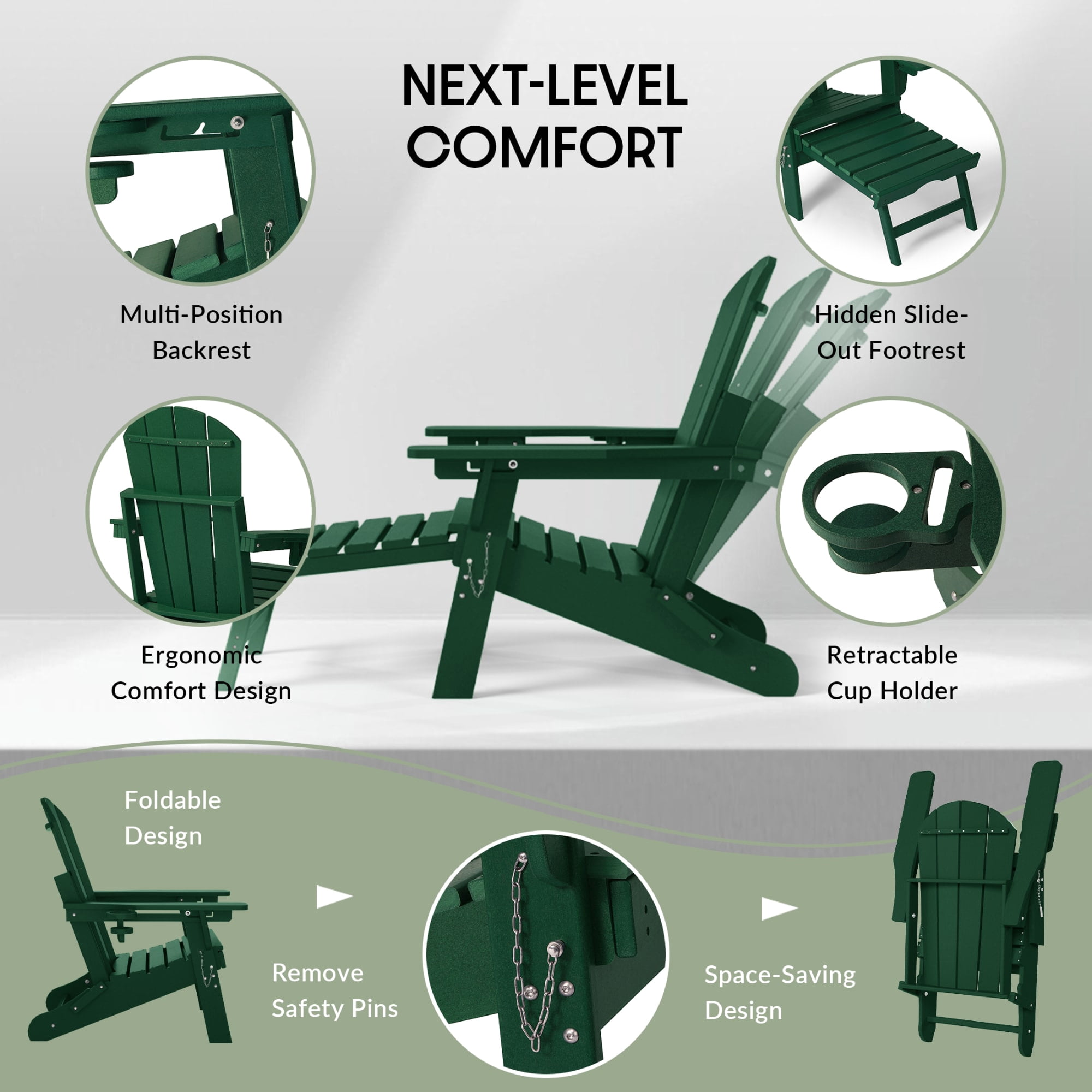 WestinTrends Malibu Folding Adjustable Adirondack Chair with Retractable Ottoman and Cup Holder (Set of 2), Dark Green