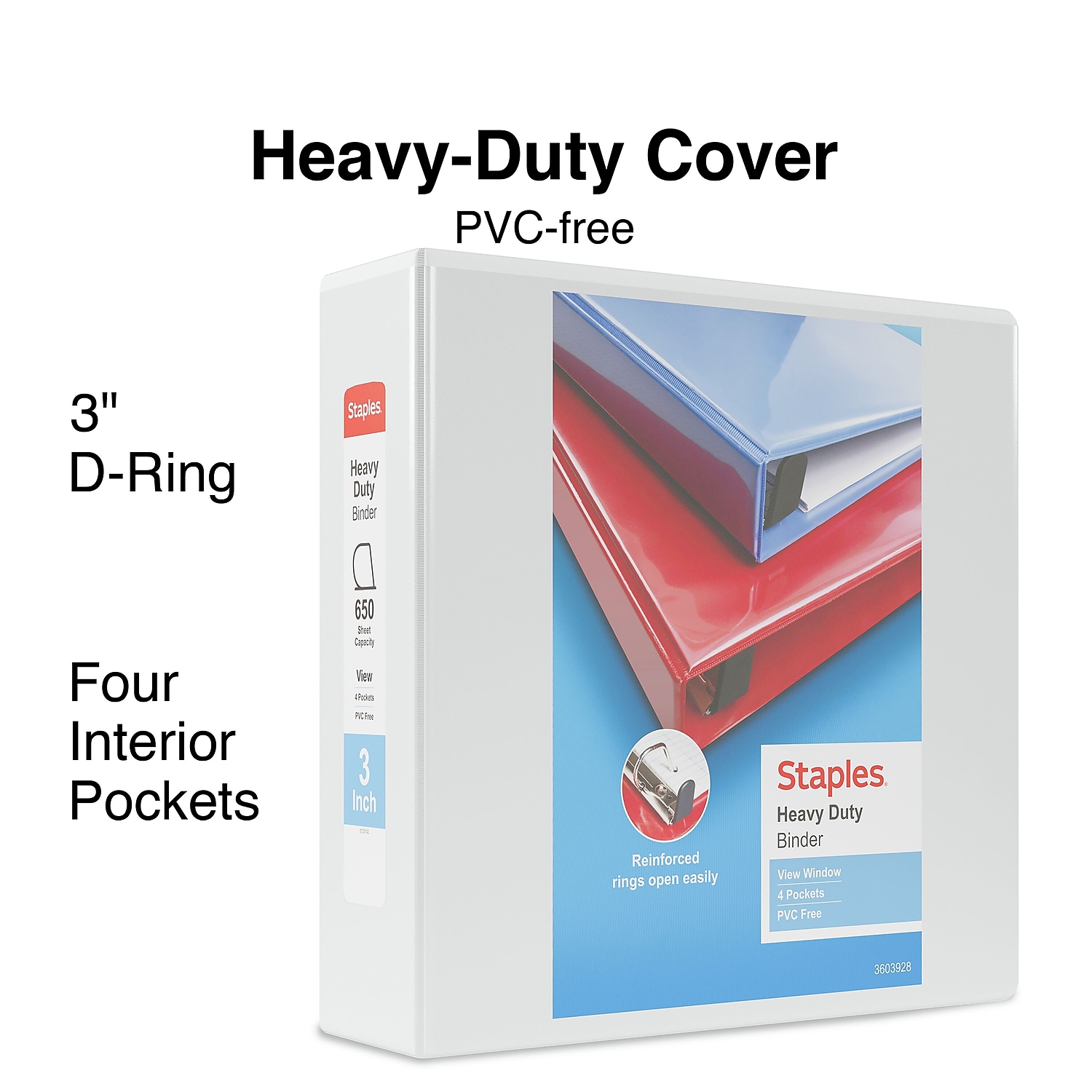 Staples Heavy Duty 3" 3-Ring View Binders White 8/Carton 56265CT/24693VS