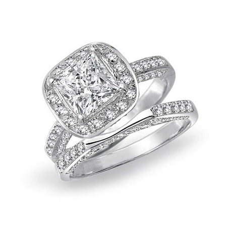 Brilliant Cut Square Ring 2 CT Square Brilliant Princess Cut Halo AAA CZ Pave Band Engagement Wedding Ring Set For Women 925 Sterling Silver ()