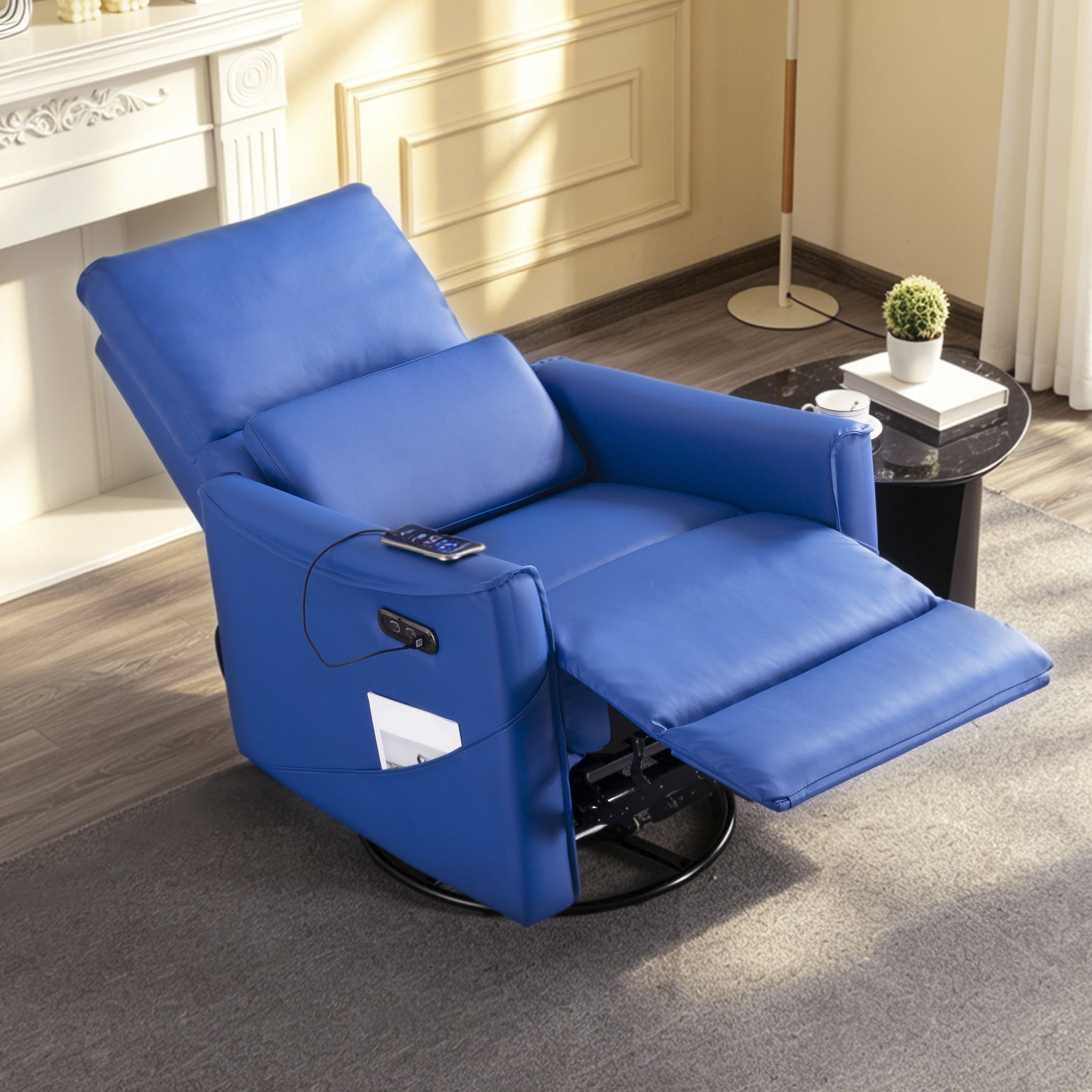 Gewnee 29.13"Power Rocking Recliner Chair,360°Swivel Recliner Chair with USB & Type-C Ports,Adjustable Reclining Positions,PU Swivel Recliner for Living Room,Office,Bedroom.Blue