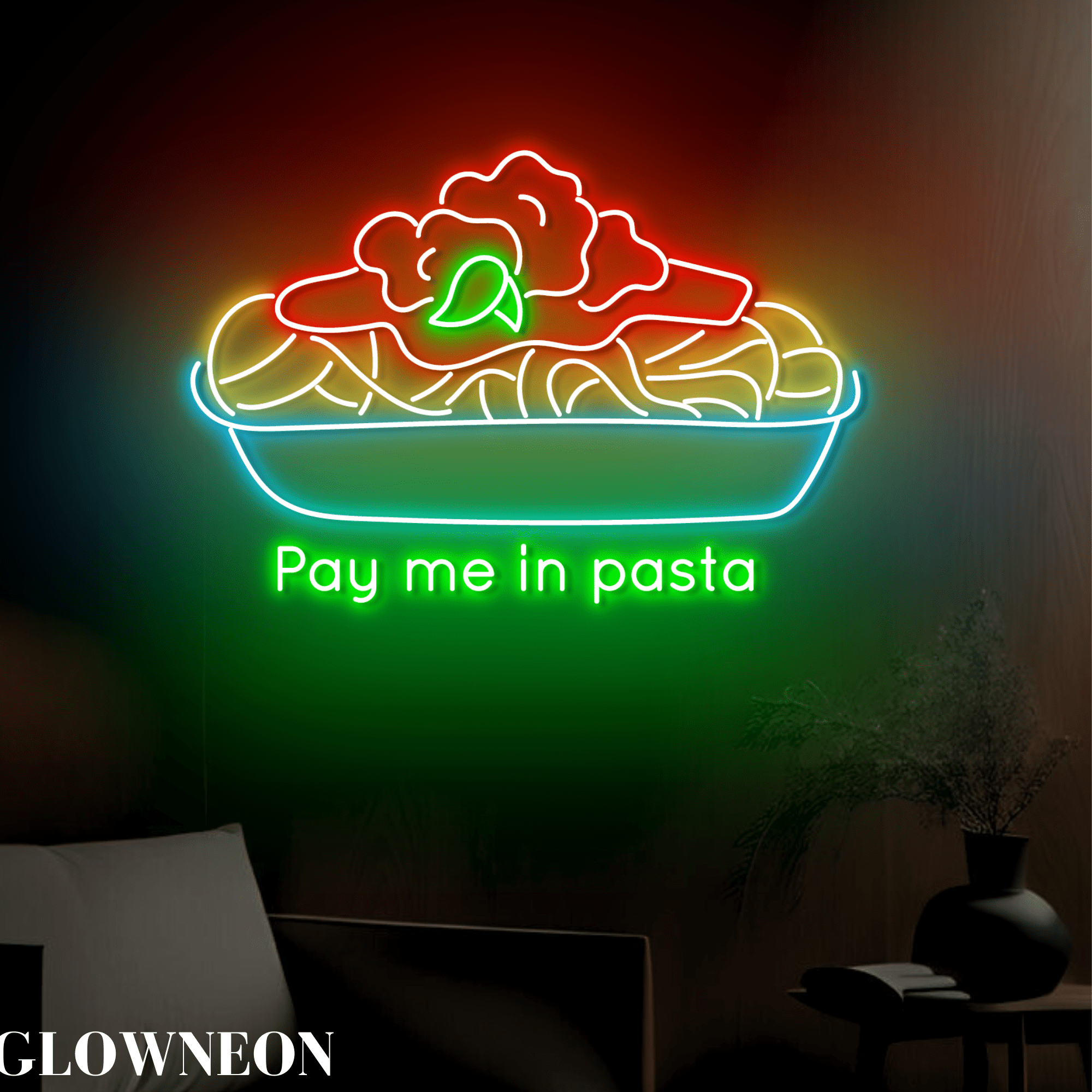 Glowneon Pay Me In Pasta Neon Decor, Italian Pasta Noodle Shop Light