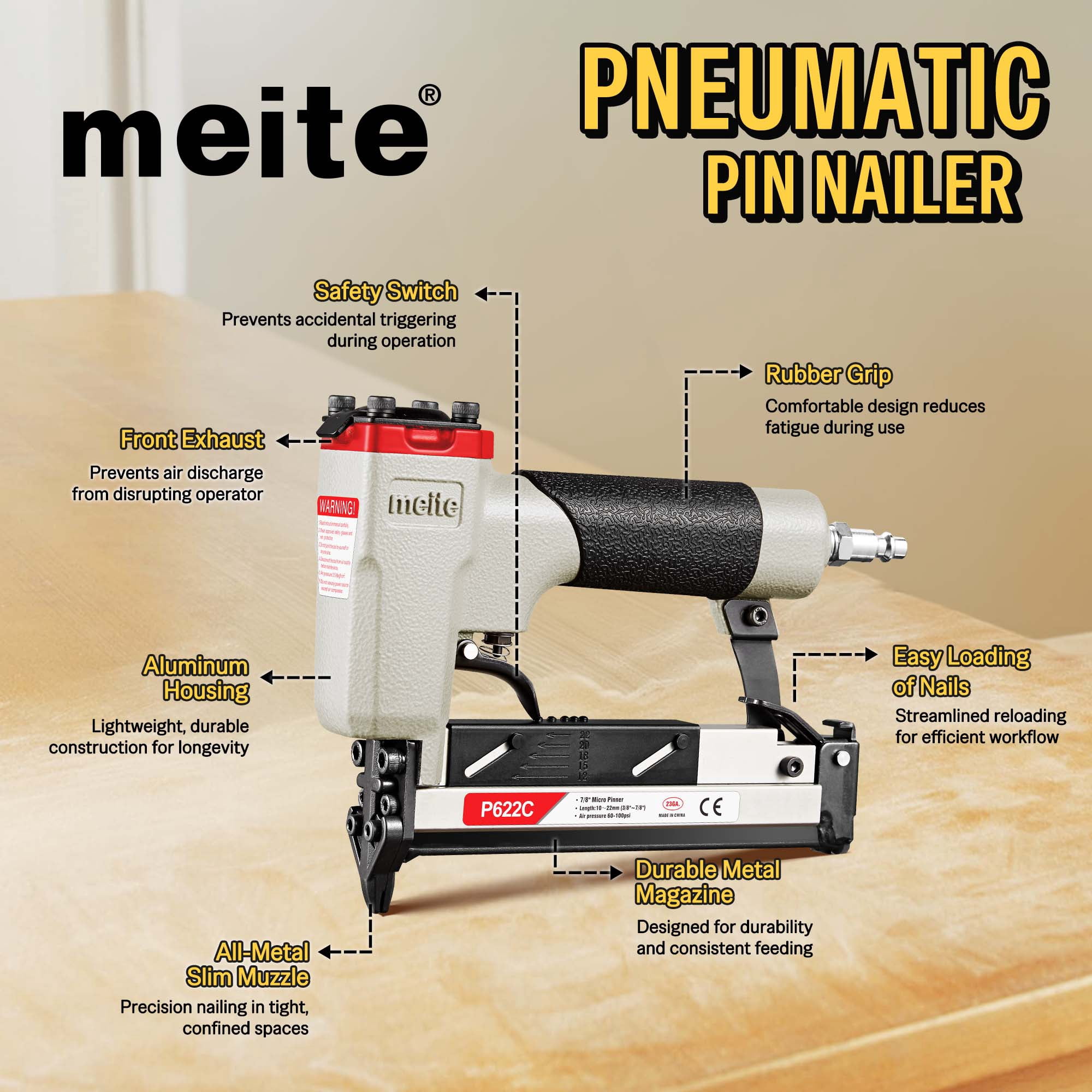 MEITE P622C Pneumatic Micro Headless Pin Nailer 23 Gauge 3/8" to 7/8" Length