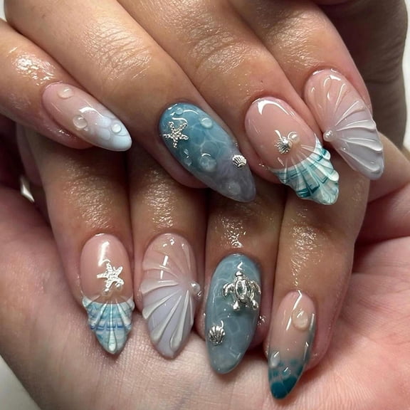 YuYoulan 30Pieces 3D Embossed Nail Art In Light Blue For Sensitive Skin Artificial Nail
