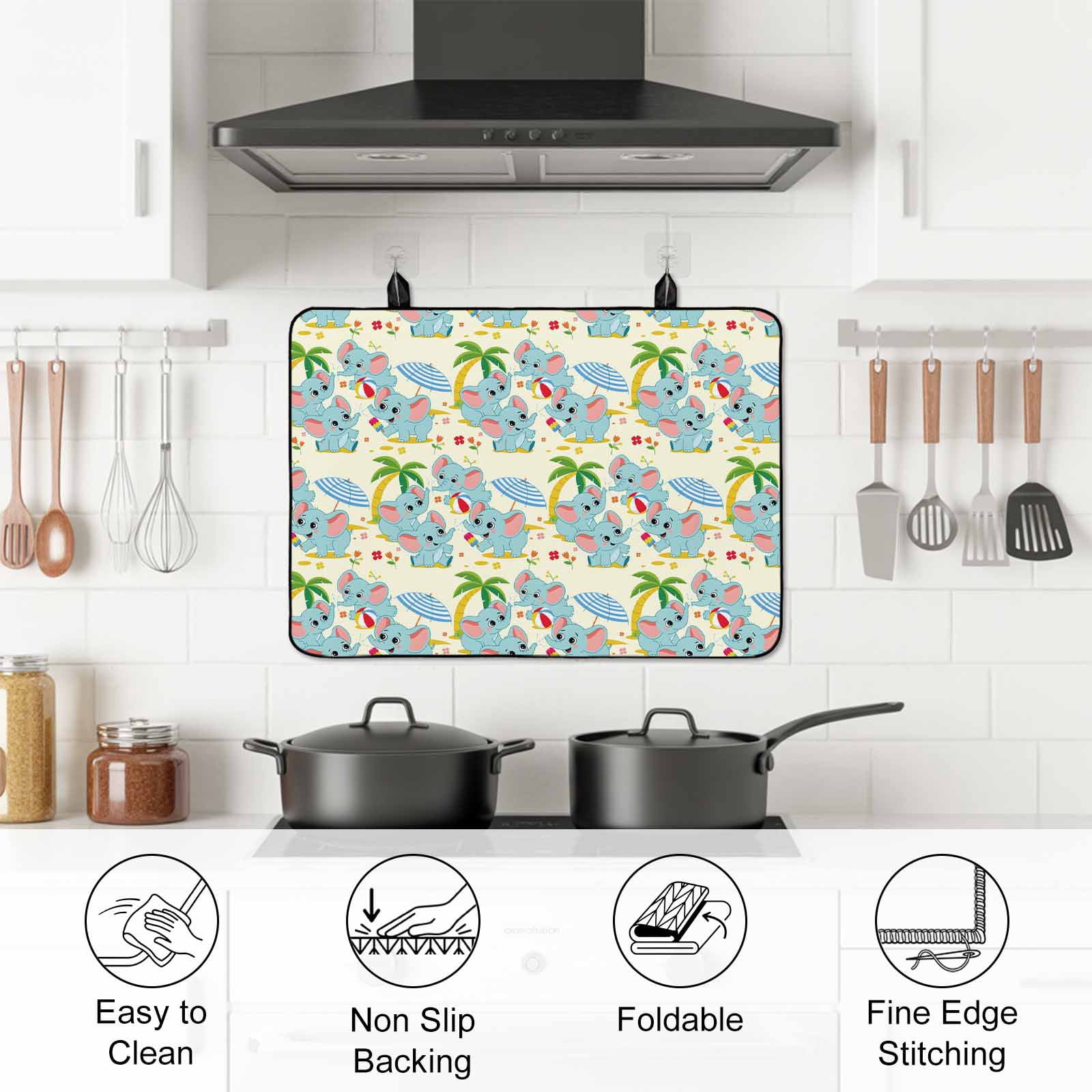 Cute Elephant Beach Stove Top Cover for Electric Stove, Heat-proof & Non Slip Glass Top Stove Cover Protector, Tropical Summer Funny Animals Kitchen Flat Cooktop Rubber Mat 24x21 Inches