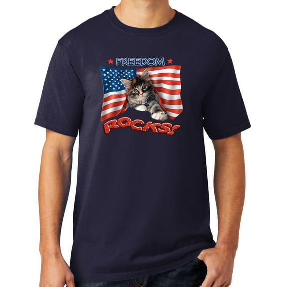 Mens Freedom Rocks Patriotic Kitten Cotton Tee Shirt, Large True Navy Blue