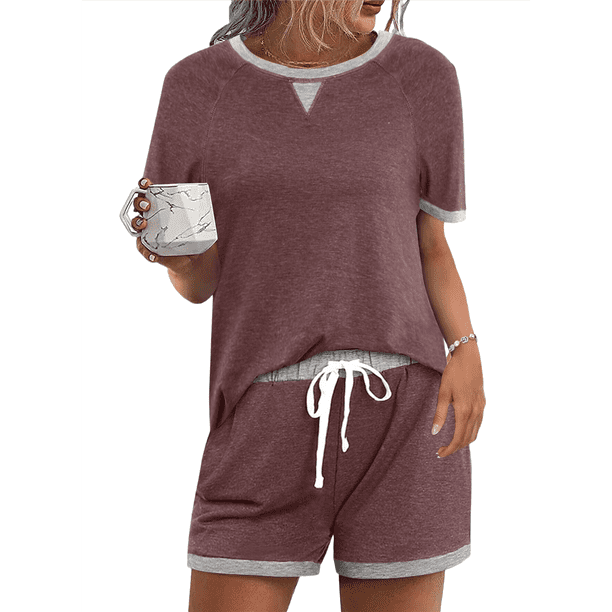 Conjunto de 2 Piezas para Mujer, Ropa de Estar por Casa, Top y Pantalones Cortos de Corta con Bloques de Color, Ropa de Verano 2025, Rojo Oscuro L