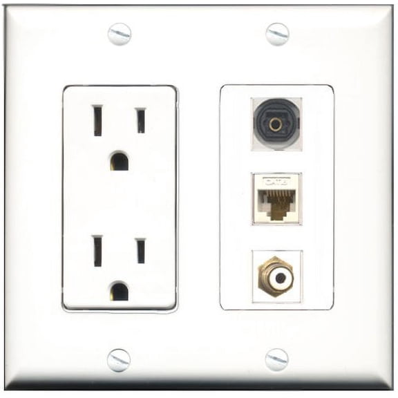 RiteAV - 15 Amp Power Outlet 1 Port RCA White 1 Port Toslink 1 Port Cat6 Ethernet Ethernet White Decorative Wall Plate