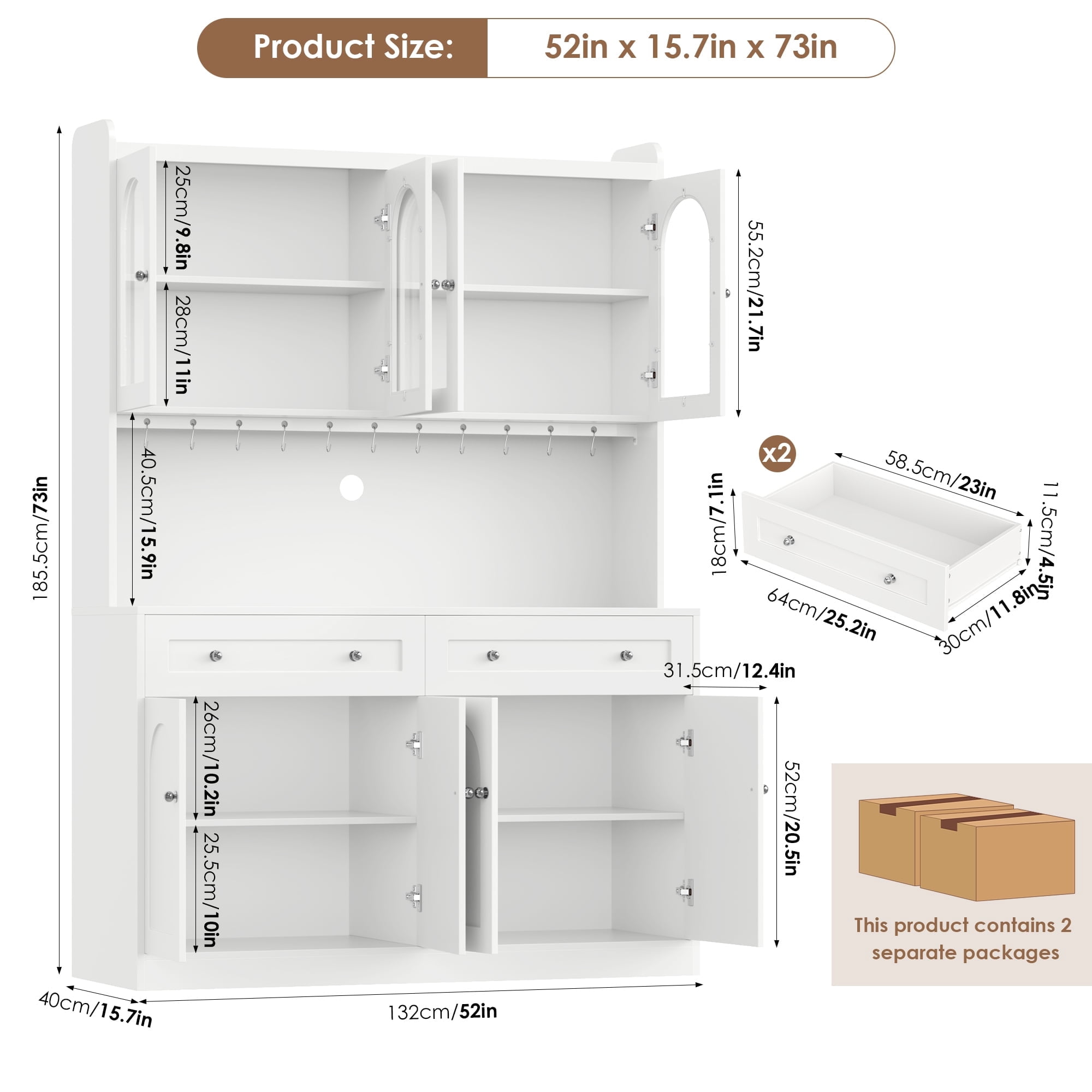 Homfa 73" Kitchen Pantry with Glass Doors, Freestanding Kitchen Cupboard with 2 Drawers & Microwave Hutch, Wood Storage Cabinet for Dining Living Room, White