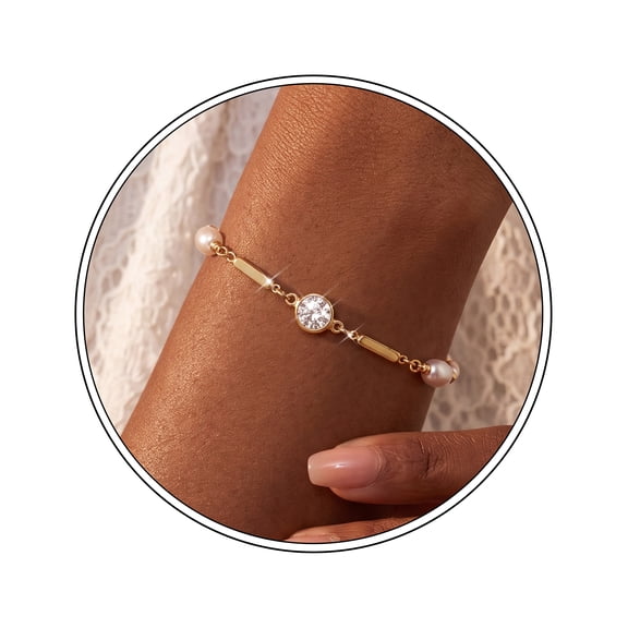 Beautlace Cultured Freshwater Pearl and CZ Bracelet for Women,18K Gold Plated Station Bracelet,Adjustable Dainty Birthday Jewelry Gift for Mom Wife Girlfriend