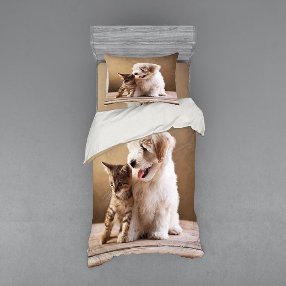 Animal Duvet Cover Set, Baby Cat Kitten and Puppy Dog Best Friends Image Photo Artwork, Bedding Set with Shams and Fitted Sheet, 3 Sizes, by Ambesonne