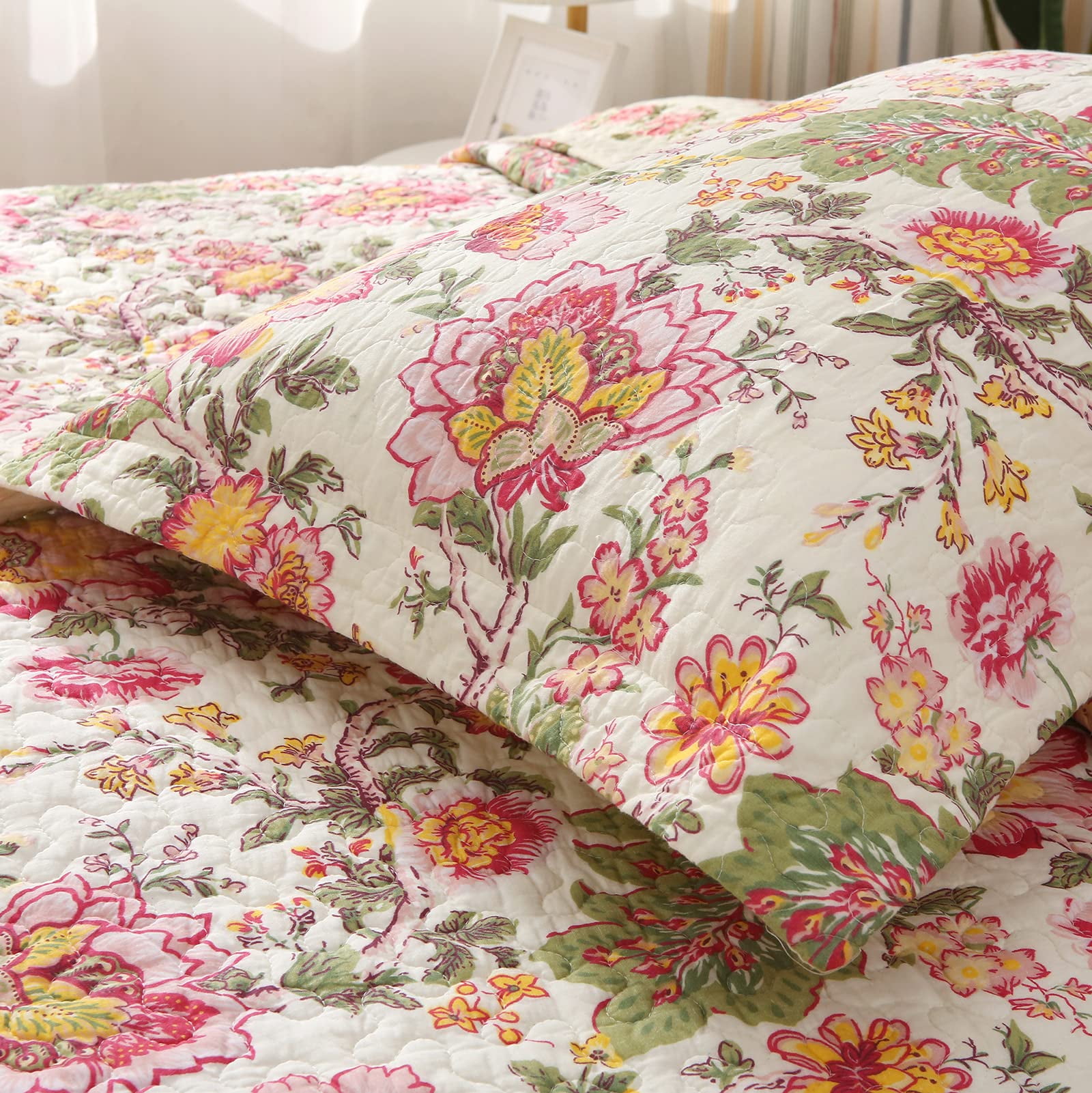3 Piece Floral Quilt Sets King Size, Soft Lightweight Microfiber Bedspreads Reversible Coverlet