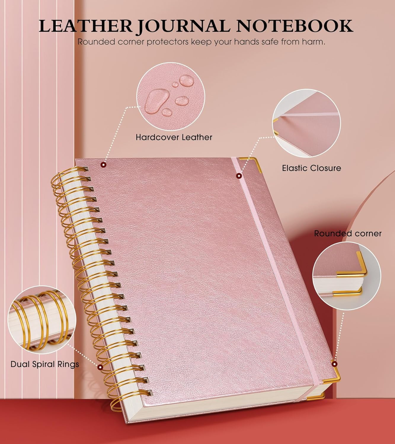 Spiral Notebook Journal 7.6” x 10”, 300 Pages Hardcover Leather Lined Journals for Women Men, B5 Large College Ruled Notebooks with 100 GSM Thick Paper, Spiral Journal for Writing Work School, Pink