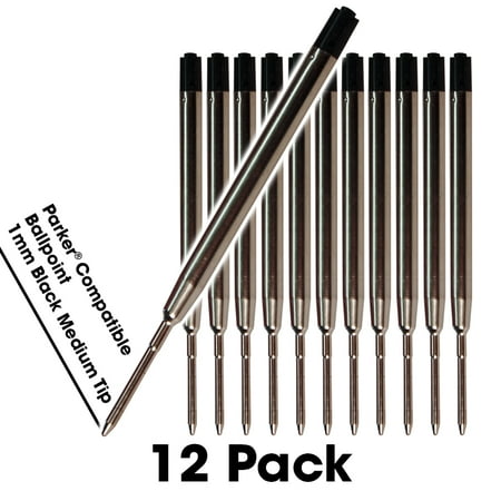 Jaymo - 12 - Black Parker Compatible Ballpoint Pen Refills. Smooth Writing German Ink and Medium Tip.