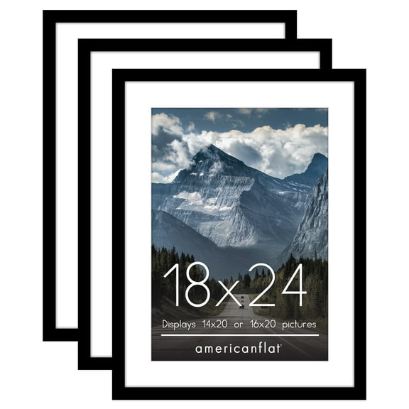 Americanflat 18x24 Black Picture Frames - Shatter-Resistant Glass - 3 Pack - Use as 14x20 with mat or as 18x24 frame without mat