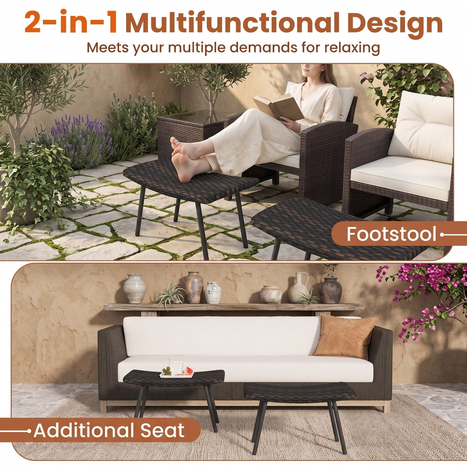 Furnibear All Weather Outdoor Ottoman Set of 2 PE Rattan Patio Footrest Stool Wicker Footstool Seat with Sturdy Metal Legs and Quick Dry Foam for Poolside, Mix Brown