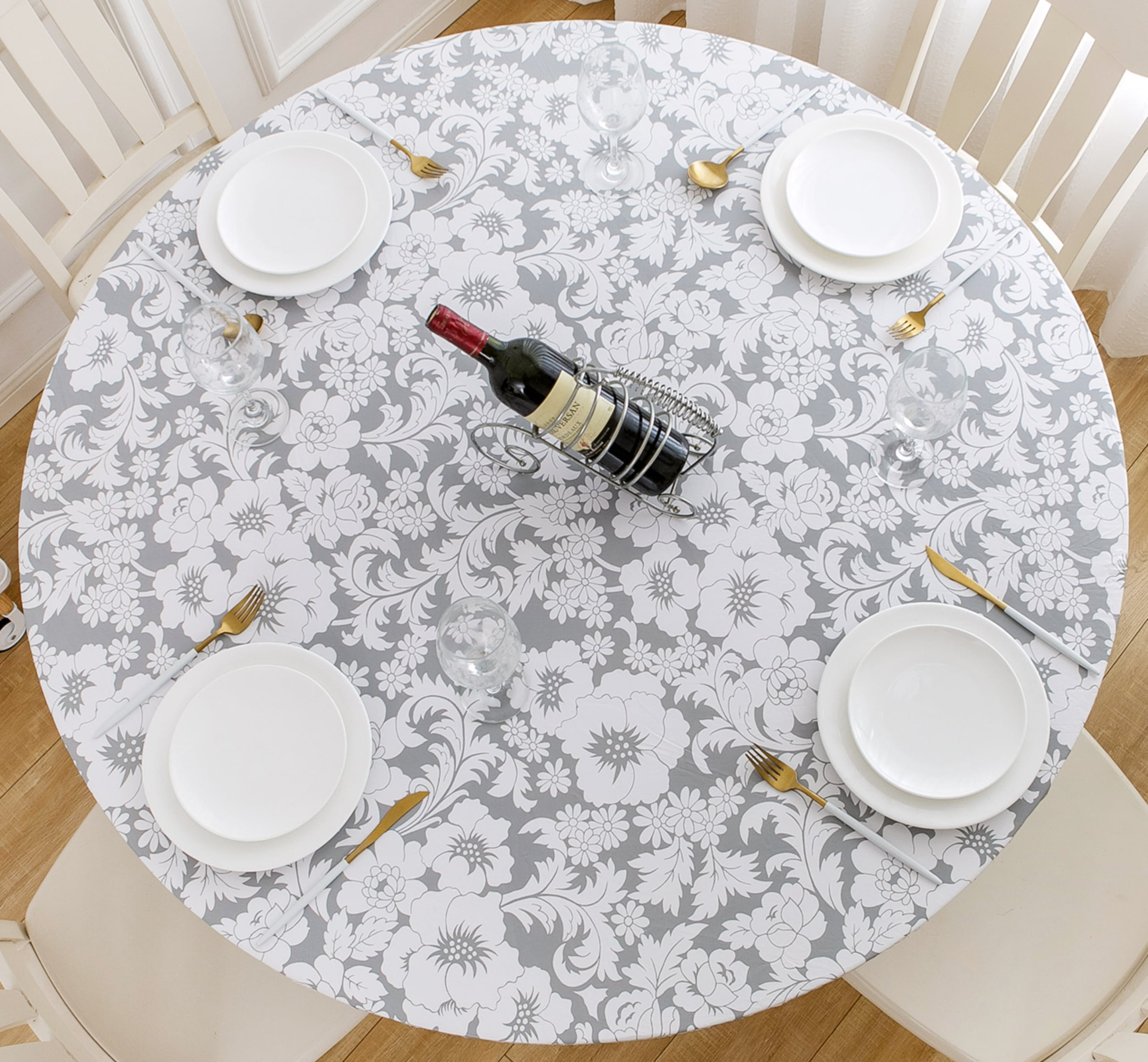 LIBERECOO Round Vinyl Fitted Tablecloth with Flannel Backing Elastic Edge Design Table Cover Waterproof Oil-Proof PVC Table Cloth Stain-Resistant Wipeable for Round Table 