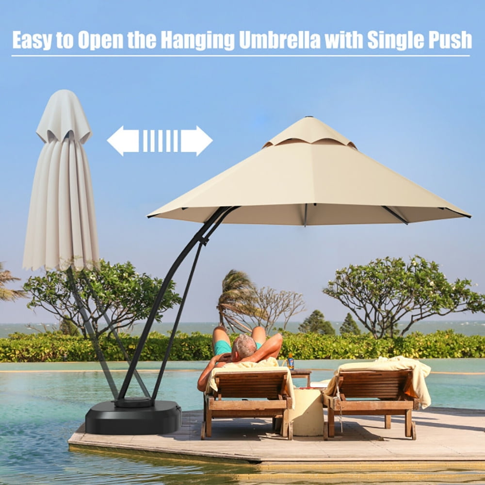 Aimee Lii 11 Feet Outdoor Cantilever Hanging Umbrella with Base and Wheels, Patio Umbrella with Base Included, Beige