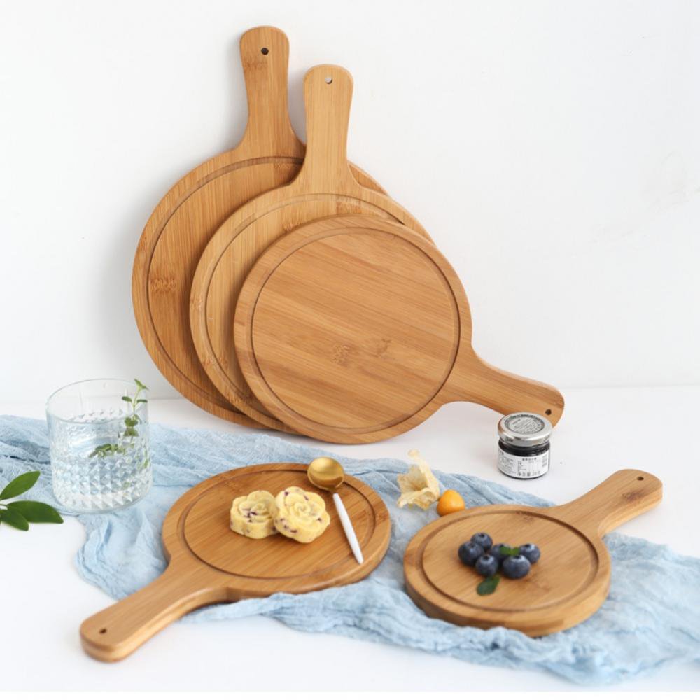 Round Natural Bamboo Wooden Pizza Tray with Handle Homemade Pizza Bread
