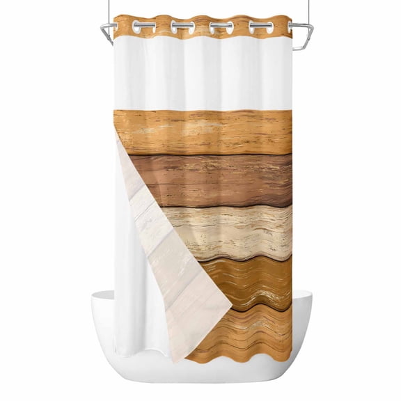 No Hook Farmhouse Yellow Brown Shower Curtain with Snap in Liner Set, Vintage Wooden Striped Waterproof Fabric Bathroom Curtains with See Through Top Window, Hotel Style Stall 54 x 78 Inch
