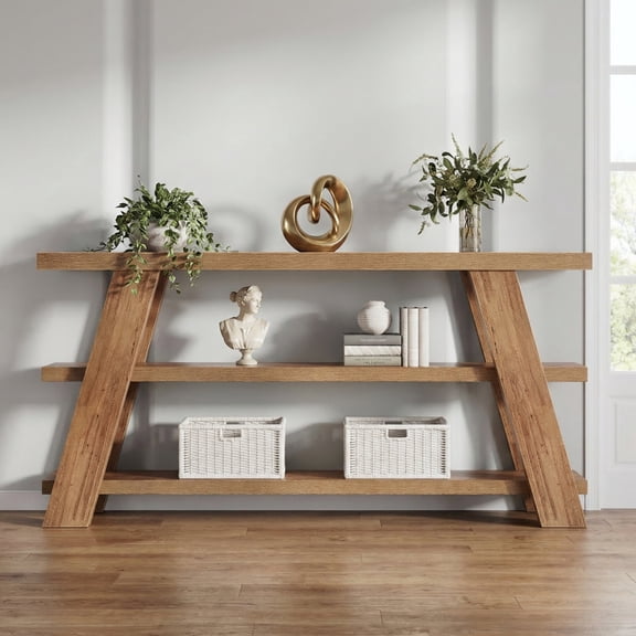 Finmind 70.9" Extra Long Console Table with Storage, 3-Tier Farmhouse Narrow Sofa Table for Entryway, Brown