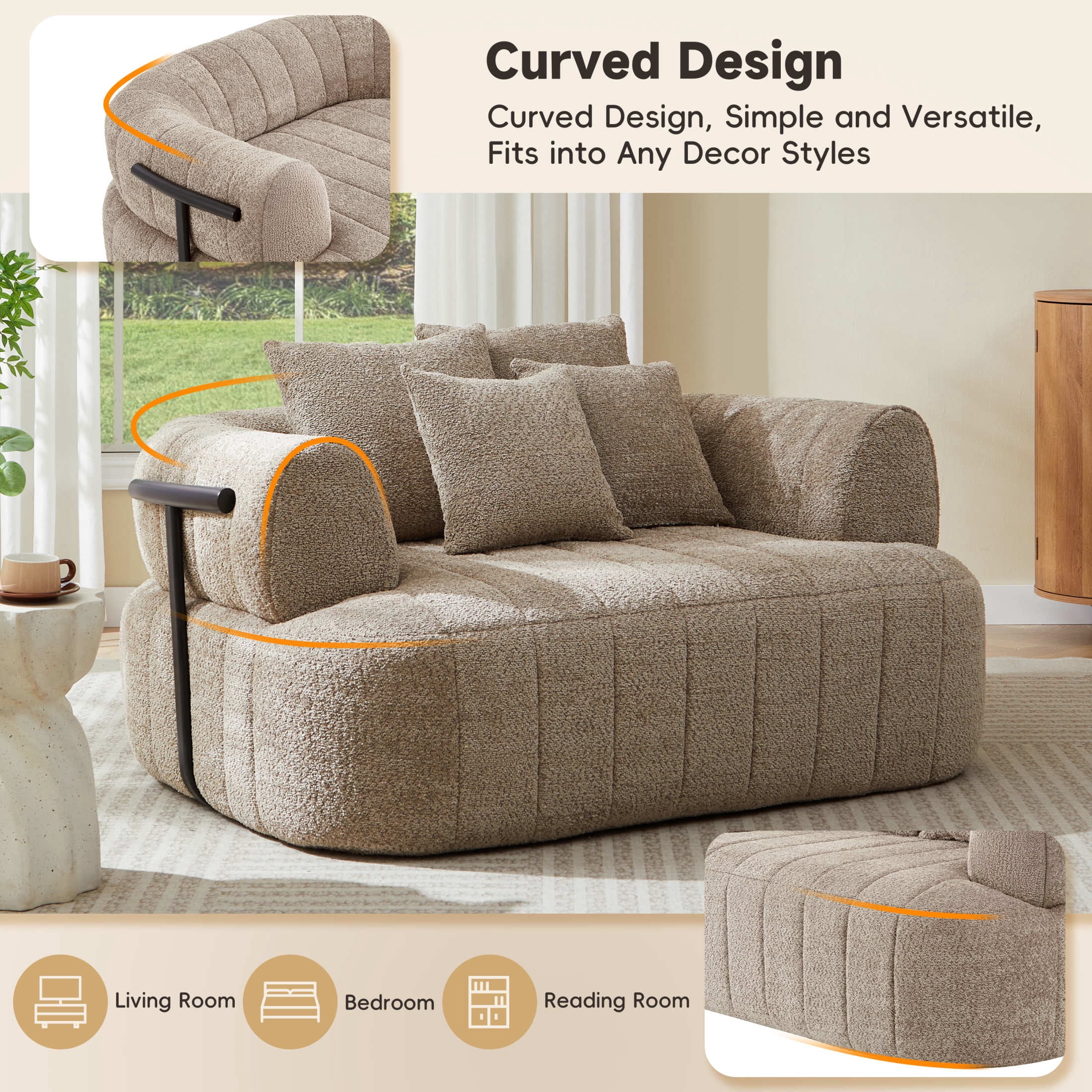 Noble House Quincia 64" Oversized Boneless Chaise Lounge with Boucle Upholstered, Cozy Comfy Cloud Sofa Bed, Khaki