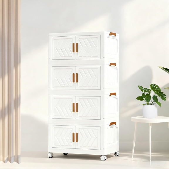 4 Tier Stackable Storage Bins with Lids & Magnetic Doors, 15.75"x10.24"x35.43" Collapsible Storage Bins with Wheels Stackable Closet Organizers for Living Room Bedroom Office