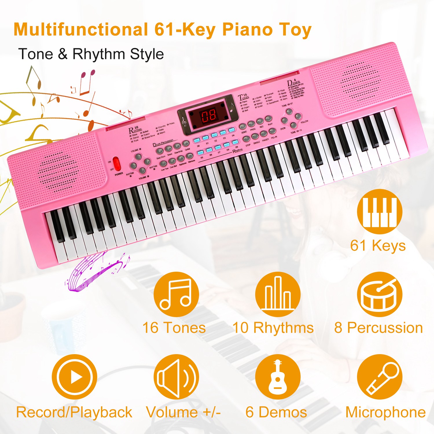 61 Key Piano Keyboard Set, Electronic Keyboard Electric Musical Piano Instrument for Beginner with Keyboard, Microphone, Stand, Pink