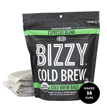 Bizzy Organic Cold Brew Coffee | Espresso Blend | Coarse Ground Coffee | Micro Sifted | Specialty Grade | 100% Arabica | Brew Bags | 4 Count | Makes 14 Cups