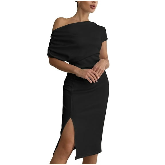 Hvot&aat Women's Elegant Off the Shoulder Formal Dress Split Hem Ladies Business Party Cocktail Pencil Midi Dresses