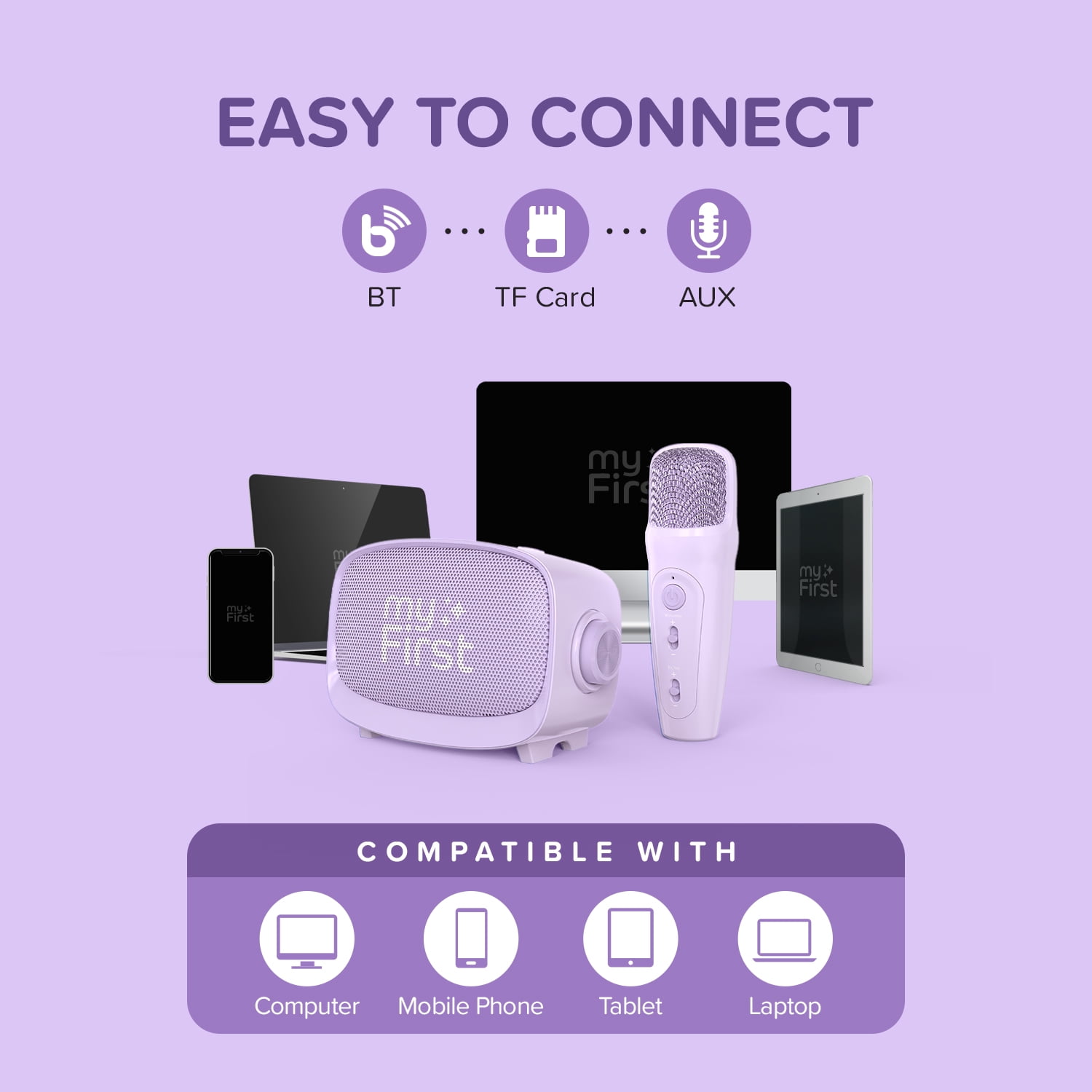 myFirst Voice 2 Kids Karaoke Machine with Portable Bluetooth Speaker, Wireless Microphone & 5 Voice Changers (Purple)