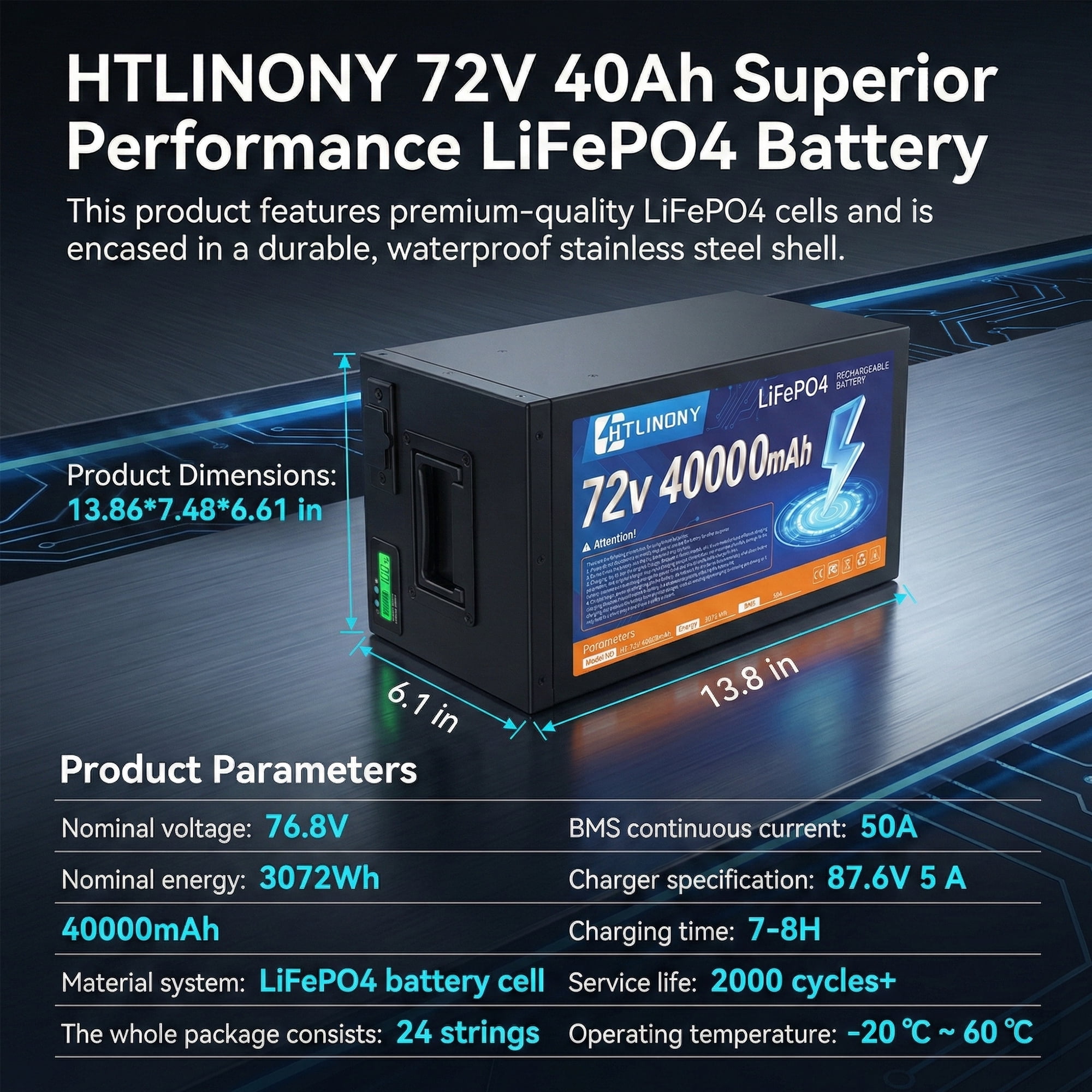 HTLINONYT 72V 40Ah LiFePO4 Electric Bike Battery, Built-in BMS, Replacement Battery for 250W-1500W Ebike & Scooter Motors