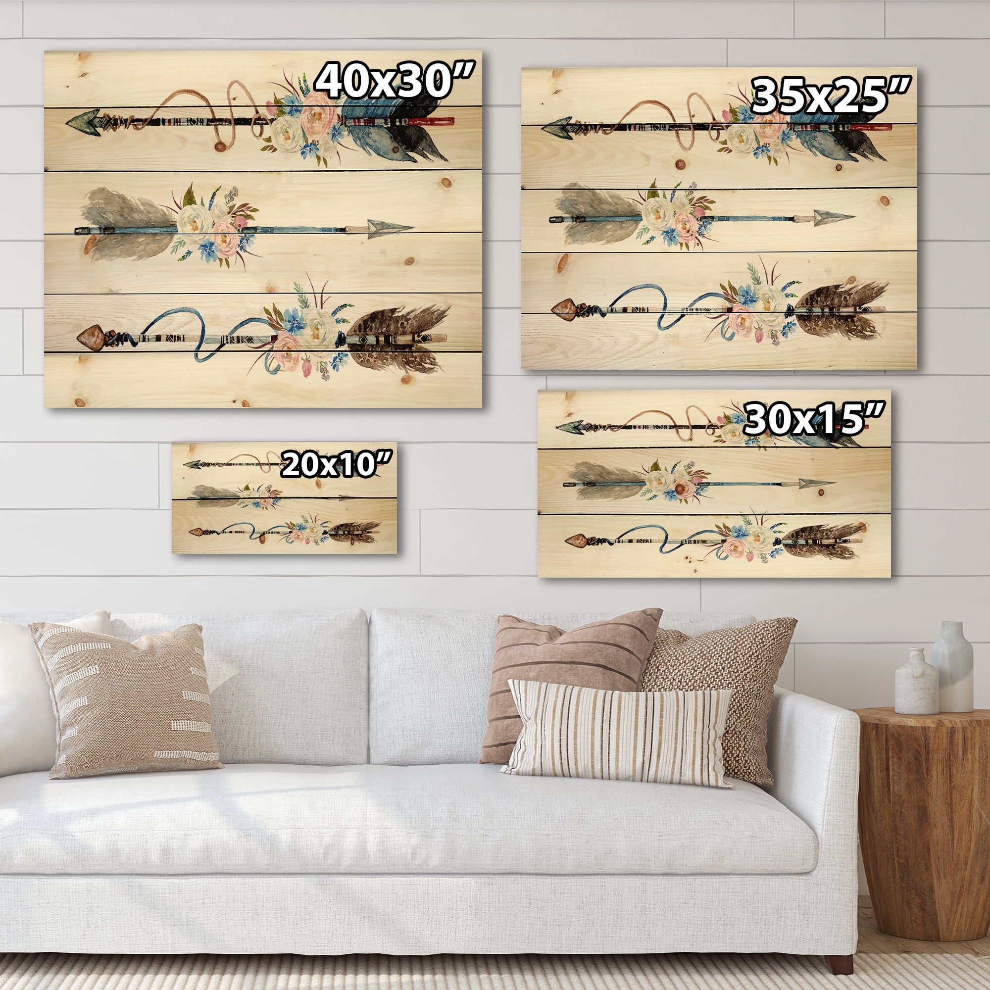 Designart 'Flowers and Ethnic Feathers On Native Arrows I' Bohemian & Eclectic Print on Natural Pine Wood