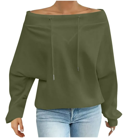 ShiShine Women's Off Shoulder Tops Solid Color With Drawstring Fashion Loose Casual Long Sleeve Sweatshirt Tops