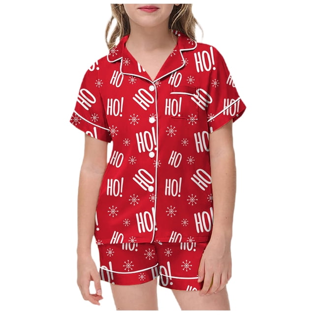 LUOGENLI Pyjamas pour Filles Taille 8 Manches Courtes Ensemble de Pyjamas pour Bébés Filles Garçons Satin de Noël Manches Courtes Vêtements de Nuit 2 Pcs Boutonnés Classiques Shorts Rouges Taille 4-5 Ans