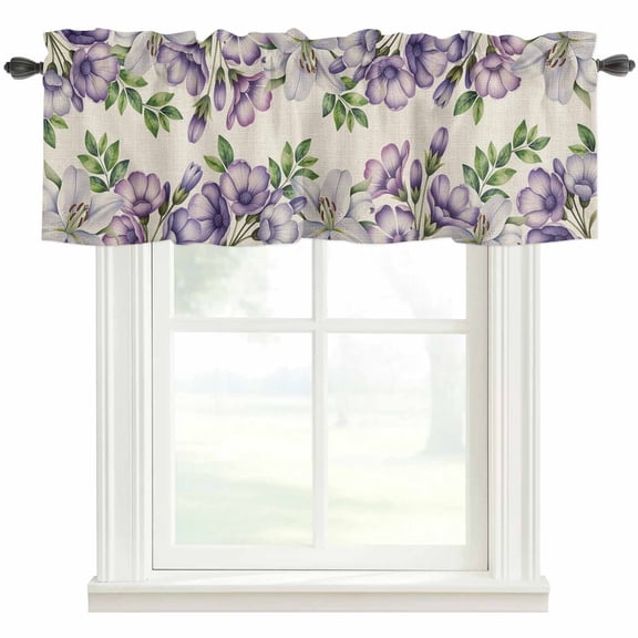 Purple Flowers Rod Pocket Curtain Valance, Spring Leaves Floral Plants Beige Farmhouse Window Valance for Living Room, Bedroom, Kitchen 54"W x 18"L