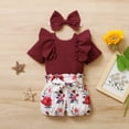 thumbnail image 3 of Odeerbi Baby Girls Boys Clothes Baby Rompers Toddler Ruffle Romper Bodysuit+Floral Print Shorts Headbs Outfits, 3 of 9