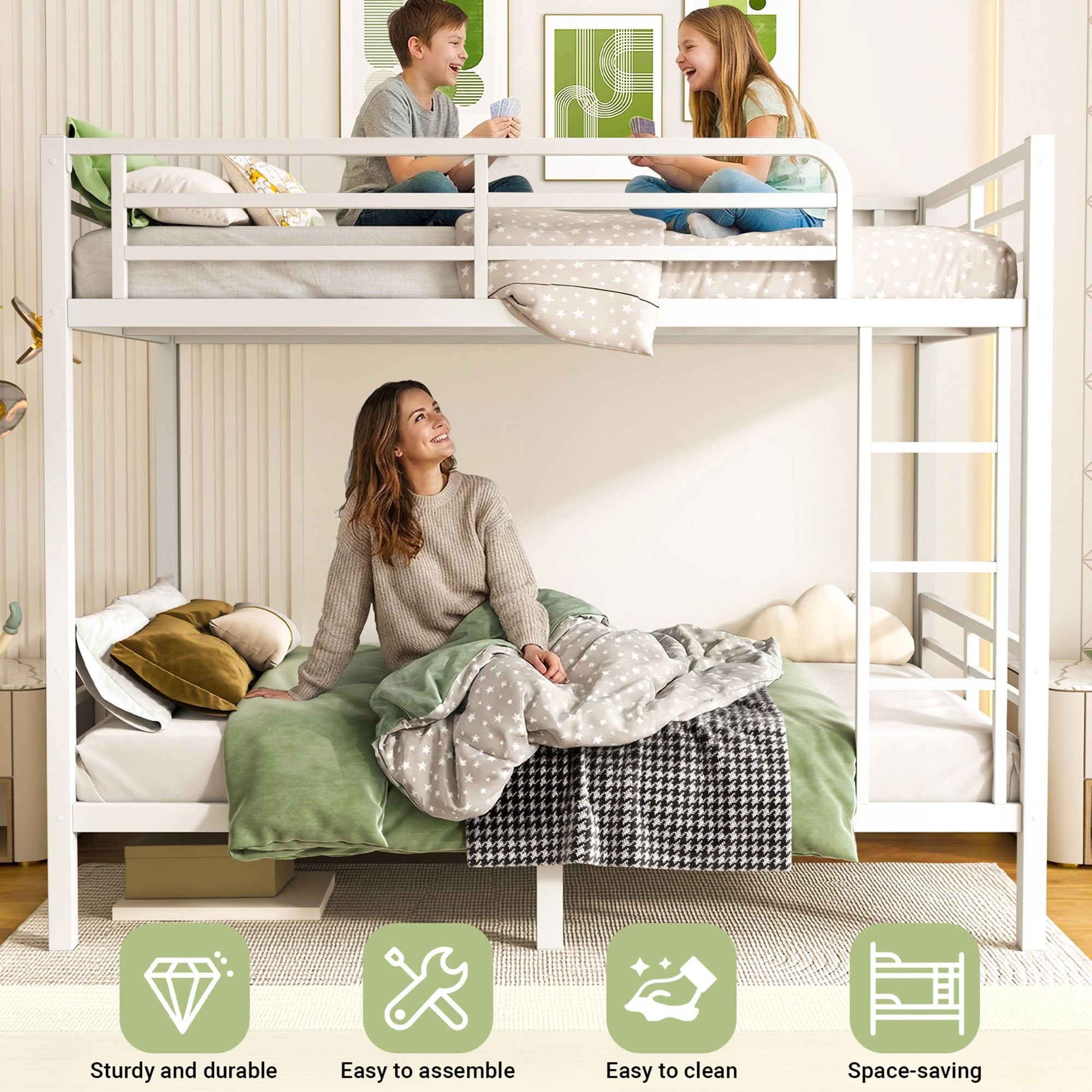 Miniyam Twin Over Twin Metal Bunk Bed Frame, Noise Free, Space Saving, White