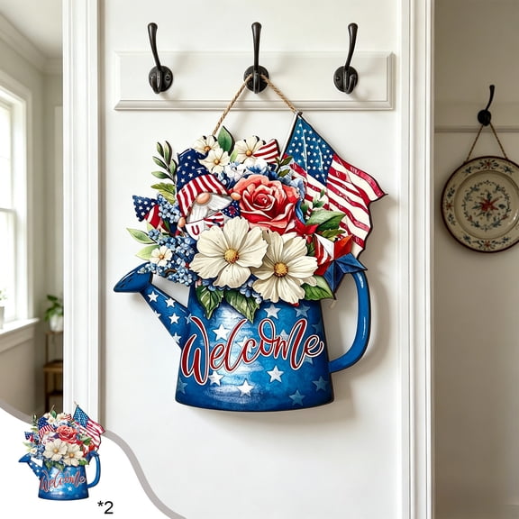 2 Pcs Independence Day Patriotic Wooden Door Hanger,American flag and Floral Hanging Ornament with Red White & Blue Design,4th of July Memorial Day for Front Door,Wall,Home Decor