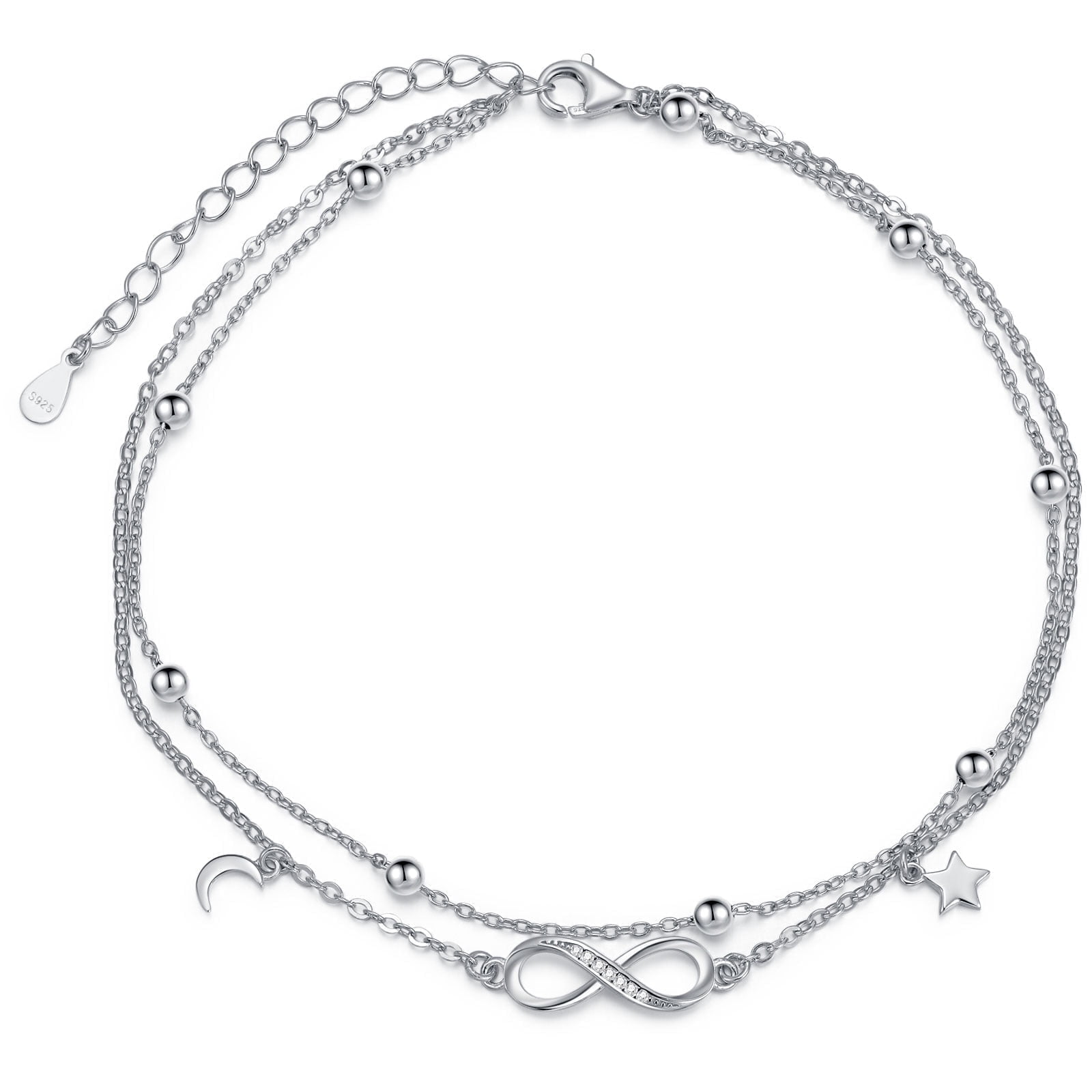SOULMEET Sterling Silver Infinity Anklets, Moon and Star, 9 in, Gift Box