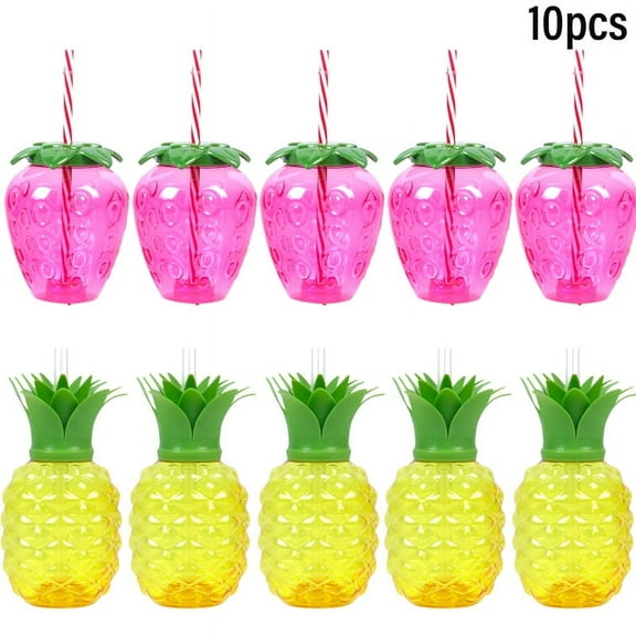 6/10pcs Hawaiian Summer Pineapple Coconut Drinking Cups Strawberry Shaped Juice Drink Cups for Birthday Wedding Beach Pool Party