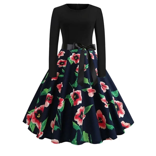 Vestido de Navidad de manga larga para mujer, bata Vintage, Swing Pinup, elegante, estampado informal, negro, invierno, 50S, 60S