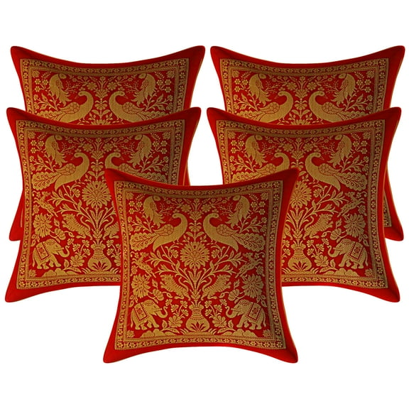 Stylo Culture Ethnic Elephant Peacock Sofa Brocade Red And Gold Throw Pillow Covers 12x12 Jacquard Weave Banarsi Decorative Throw Pillow Covers Living Room 30x30 cm Cushion Covers (Set Of 5)