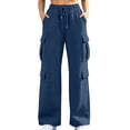 thumbnail image 2 of Women's Cargo Sweatpants Solid Color Drawstring Multi Pocket Elastic Waist Wide Leg Loose Straight Fit Casual Daily Athletic Long Pants, Baggy Sweatpants for Women Navy a XXL, 2 of 6