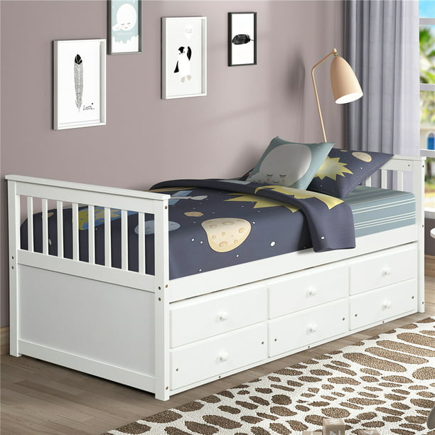 White Twin Bed Frame With Drawers Kids, Twin Wooden Bed Frame With Drawers
