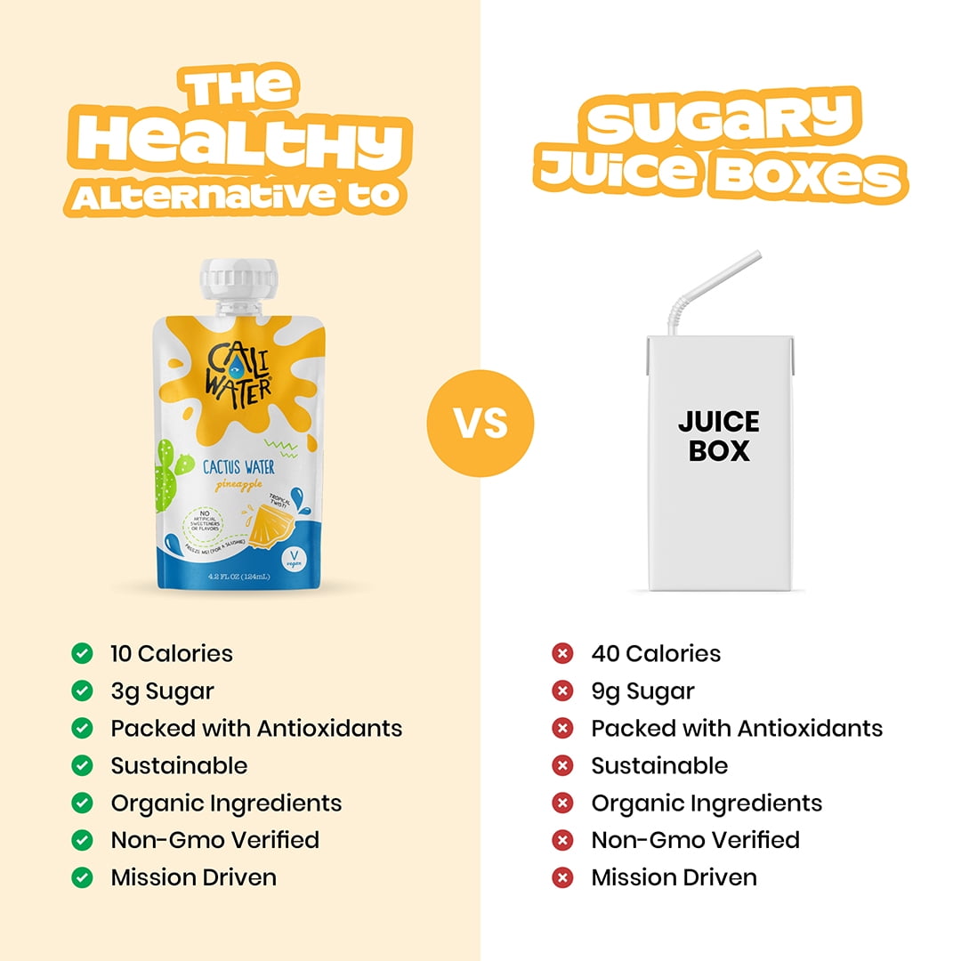 Caliwater Organic Cactus Water Kids Pouches Pineapple, Coconut Water Alternative, Juice Box Hydration, Electrolyte Drinks, Flavored Waters, 24-Pack 4.2oz/pouch 3g Sugar, 10 Calories