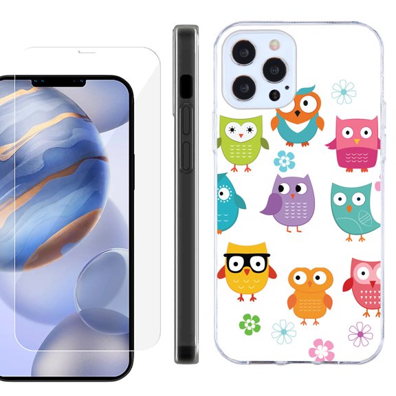 Slim Fit Protective Phone Case for Apple iPhone 12 / iPhone 12 Pro, with Tempered Glass Screen Protector, by OneToughShield ® - Happy Owl