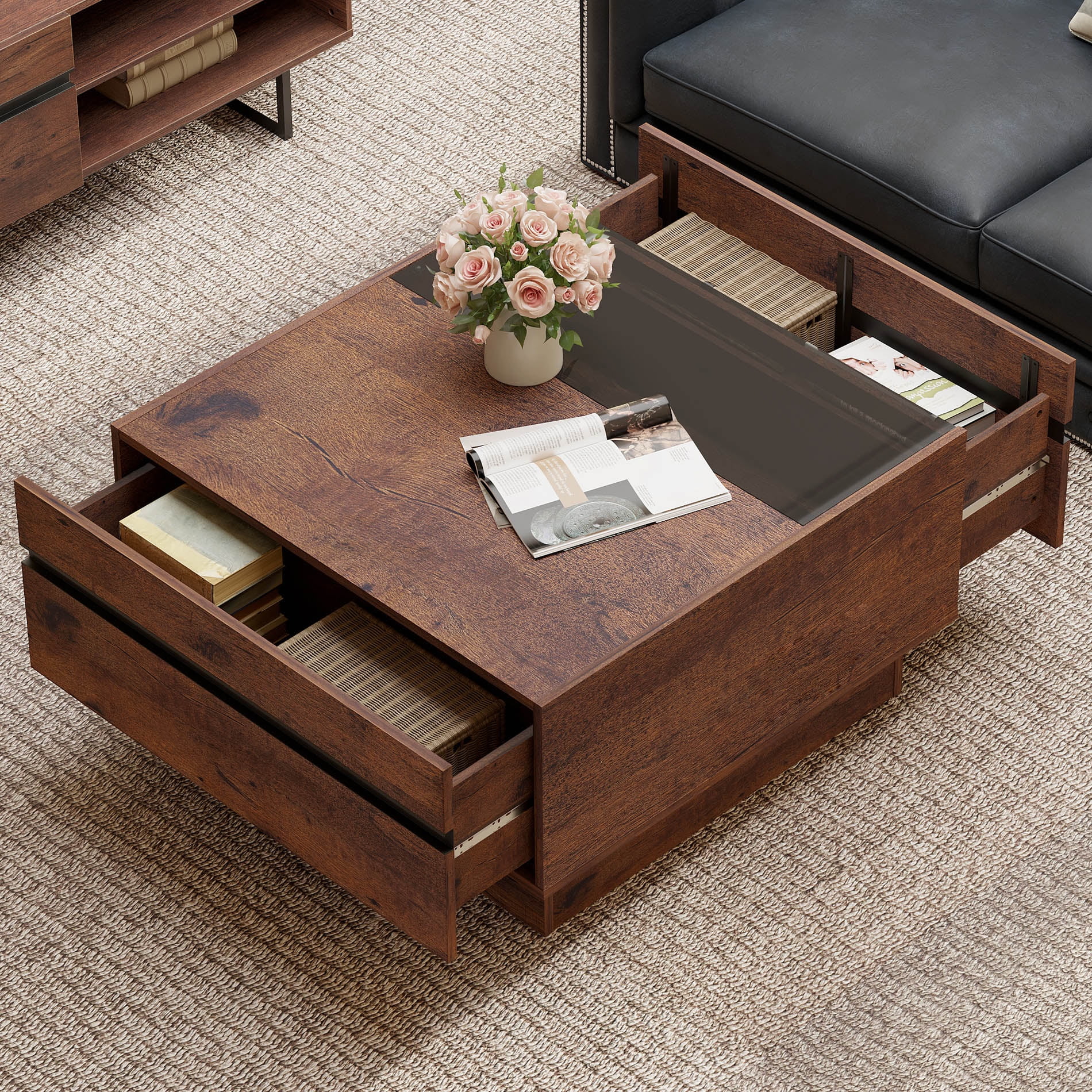 Modern Square Coffee Table with Tempered Glass Top,2 Drawer Hidden Storage, Walnut Wood Grain, Living Room Center Table,Brown