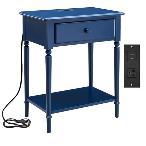 Pemberly Row Coastal Nightstand Side Table with AC/USB Charger-Navy Blue